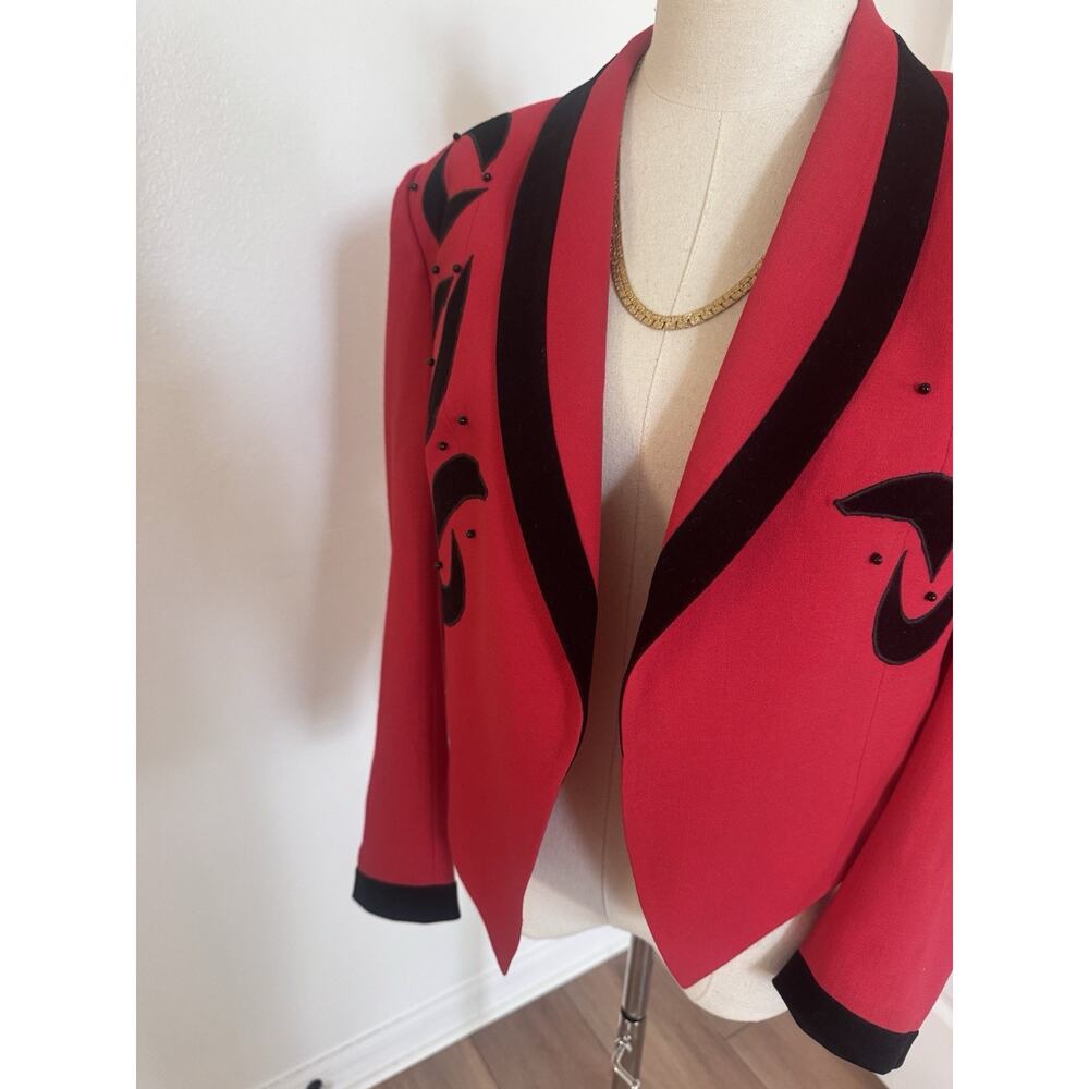 Vintage 80s 90s Red Black Beaded Cropped Short Jacket Open Front Statement MED - Picture 10 of 16